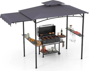 Tenda para Churrasco (Não Incluido) com grelha de 318 x 153 cm Toldo lateral Parte superior de 2 níveis 2 prateleiras laterais Estrutura em metal Cinz