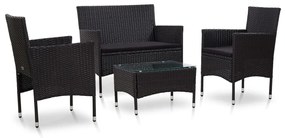 4 pcs conjunto lounge de jardim c/ almofadões vime PE preto