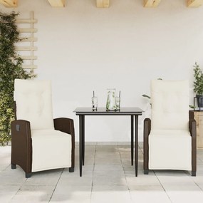 vidaXL 3 pcs conjunto jantar p/ jardim c/ almofadões vime PE castanho