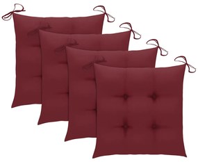 Cadeiras jardim c/ almofadões vermelho tinto 4 pcs teca maciça