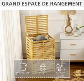 Cesto de roupa suja em bambu com saco de tecido removível e tampa - 44 x 37 x 62,5 cm