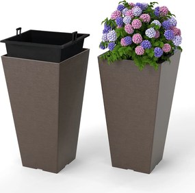 Conjunto de 2 vasos quadrados altos 29,5 x 29,5 x 57 cm com rega automática, cubo interior removível e orifícios de drenagem Castanho
