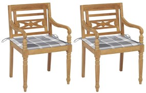 vidaXL Cadeiras Batávia c/ almofadões xadrez cinzento 2pcs teca maciça