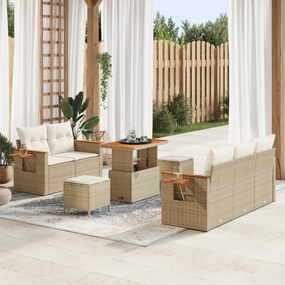 Conjunto de Sofá de Jardim de 8 Peças com Almofadas Bege Rattan Poly Acácia