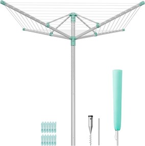 Estendal de roupa com altura ajustável 139,4 x 139,4 x (120-180) cm e fixação ao chão para 4 cargas de roupa, prateado-verde