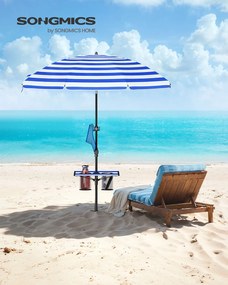 Guarda-sol praia160 cm, dobrável em ambos os lados em 30°, altura ajustável, azul e branco