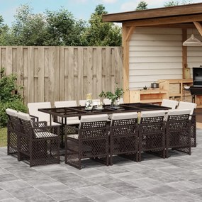 13 pcs conjunto jantar p/ jardim c/ almofadões vime PE castanho