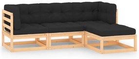 4 pcs conjunto lounge de jardim c/ almofadões pinho maciço