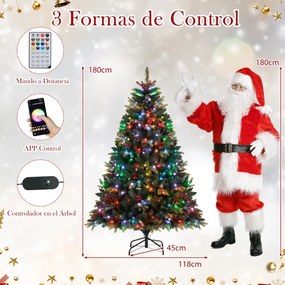 Árvore de Natal artificial pré-iluminada de 180 cm com controlo remoto 370 luzes RGB multicoloridas controladas por APP 1054 pontas verdes