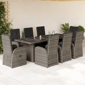 vidaXL 9 pcs conjunto de jantar p/ jardim c/ almofadões vime PE cinza