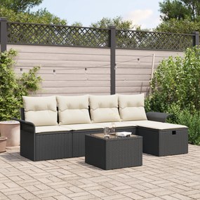 Conjunto de Sofá de Jardim de 6 Peças com Almofadas Pretas de Vime PE,