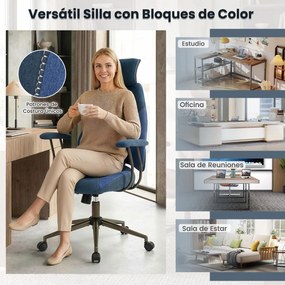 Cadeira de escritório ergonómica com encosto basculante, apoio de cabeça 2D e tecido de linho azul