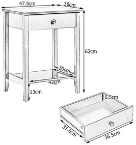 Mesa Cabeceira 2 Gavetas Sofá Gaveta Mesa Lateral Prateleira Alça para Sala Quarto Corredor Estudo 47,5 x 36 x 62 cm Cinzenta