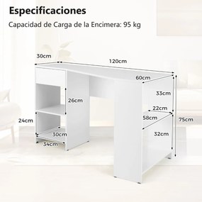 Secretária de computador de canto em forma de L 120 cm com gaveta e Estantes Branca