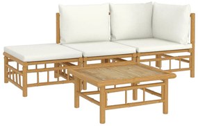 4 pcs conjunto lounge de jardim bambu c/ almofadões branco nata