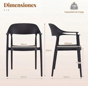 Cadeira de jantar em plástico com encosto curvo, braços e assento amplo; para uso interior e exterior, na sala, terraço ou jardim Preta