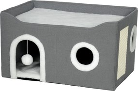 PawHut Casa para Gatos Dobrável com Arranhador 3 Entradas Bola Pendurada Almofada Reversível em Pelúcia e Tipo Linho 60x40x34 cm Cinza | Aosom Portugal