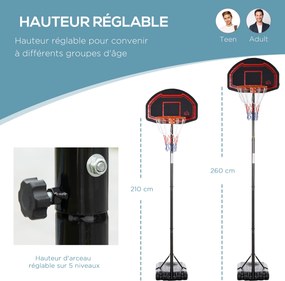 Cesto de basquetebol para exterior com poste e tabela, base de lastro com Rodas, altura ajustável de 2,1 a 2,6 m (cesto) preto, vermelho
