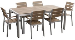 Conjunto de jardim em alumínio e madeira sintética mesa 180 x 90 cm e 6 cadeiras castanho VERNIO Beliani