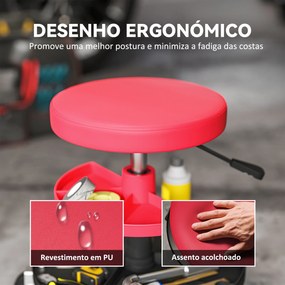 Banco de Oficina Giratório com Rodas Altura Ajustável de 40-51 cm Banco para Mecânico com 2 Bandejas para Ferramentas, Vermelho