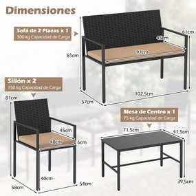 Conjunto de jardim de 4 peças em rattan para exterior: cadeiras, sofá, mesa de café em vidro temperado e almofadas macias; ideal para jardim, alpendre