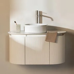 Conjunto De Móvel De Casa De Banho Suspenso Em Madeira Carsone Branco & Sem Unidade Auxiliar & Cerâmica Redonda Riscas Brancas Ø36 Cm - Sklum