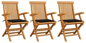 vidaXL Cadeiras de jardim c/ almofadões pretos 3 pcs teca maciça