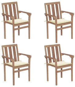 vidaXL Cadeiras de jardim empilháveis c/ almofadões 4 pcs teca maciça