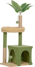 PawHut Árvore Arranhadora para Gatos 98 cm com Folhas Artificiais, Toca, Cama, Postes em Juta e 2 Bolas, Verde | Aosom Portugal