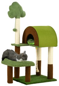 PawHut Arranhador Gatos Caverna Cama Poste Sisal Relva Artificial Bola Suspensa 49x40x107 cm Verde | Aosom Portugal