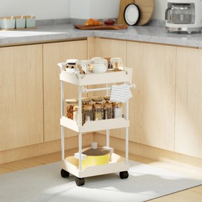 Carrinho Auxiliar com Rodas de 3 Níveis com Cestos Extraíveis Suporte para Toalhas e Estrutura de Metal 42x42,5x76 cm Branco