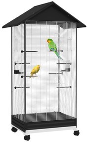 PawHut Gaiola para Pássaros Metálica com com Rodas Bandeja Amovível 4 Portas 2 Comedouros e 8 Poleiros 79x65x155 cm Preto | Aosom Portugal