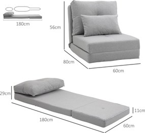 Sofá-Cama Individual Dobrável Revestido em Linho com Encosto Ajustável 5 Posições 1 Almofada Cinzento Claro