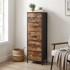 Cómoda com 5 gavetas, estreito em tecido 39,6 x 30 x 117,7 cm castanho vintage-preto
