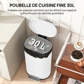 Caixote do lixo de cozinha de 30 L, com pedal, balde interior removível, tampa com fecho suave, 36,5 x 31 x 61 cm, branco