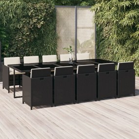 vidaXL 11 pcs conjunto jantar p/ jardim c/ almofadões vime PE preto
