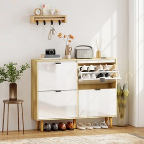 Sapateira Estreita com 4 Portas em Branco Brilho Prateleiras Ajustáveis Pernas de Madeira para 20 Pares de Sapatos 105x24x92,5 cm