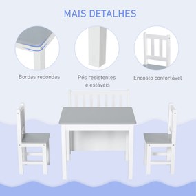 Conjunto Infantil de Mesa 2 Cadeiras e Banco com Armazenamento Móveis Infantil para Sala de Jogos  Branco e Cinza