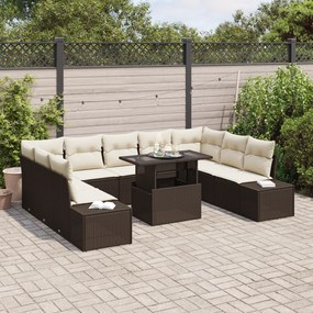 Conjunto de Sofá de Jardim com 10 Peças e Almofadas Castanho em Rattan