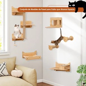 Conjunto de móveis de parede para gatos com 6 peças, rede, torre de salto com 3 níveis e 2 postes para arranhar, área de brincar natural