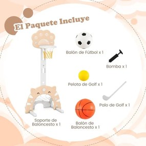 Cesto de basquetebol 3 em 1 ajustável em altura com jogos de futebol e golfe para crianças a partir dos 3 anos 65 x 49 x 130-151 cm Caqui