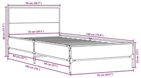 Estrutura de cama 75x190 cm derivados de madeira e metal preto