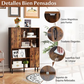 Armário, estante de arrumação 80 x 24 x 119,5 cm, compartimentos abertos, portas e pés em metal para casa, escritório e sala de estar - castanho Rústi
