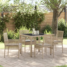 Conjunto de Jantar de Jardim 5 Peças com Almofadas Bege em Rattan Poliéster