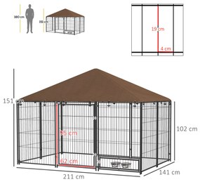 Canil para Cães com Toldo com Suporte Giratório para Comida 2 Tigelas Incluídas 211x141x151 cm Preto e Castanho