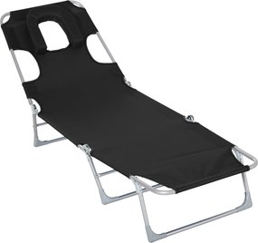 Outsunny Espreguiçadeira Jardim Dobrável de Praia Reclinável Orifício Leitura Apoio Cabeça Encosto Confortável 182x56x24,5 cm Preto | Aosom Portugal