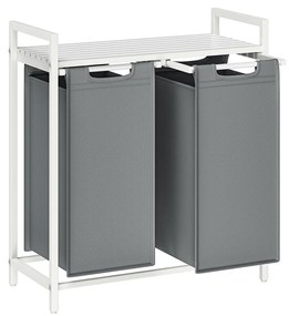 Cesto para roupa suja VASAGLE, 2 compartimentos, cesto para roupa suja com prateleira, cesto para roupa suja, saco para roupa suja em tecido Oxford, extensível, removível, estrutura de metal, 2 x 46 L, 73 x 33 x 72 cm, branco/cinza claro, BLH201W11