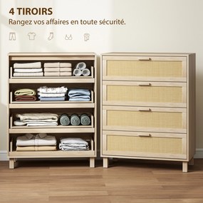 Cómoda com 4 gavetas em vime, 80 x 40 x 103 cm, MDF com acabamento em castanho claro