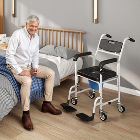 Cadeira sanitária para adultos com rodas 53 x 97 x 97 cm, cadeira sanitária para duche com apoio para os pés, encosto e braços, preta