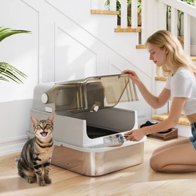 Caixa de Areia para Gatos em Aço Inoxidável para Gatos Grandes com Tampa Basculante Laterais Altas 70x50x46,5 cm Cinzento